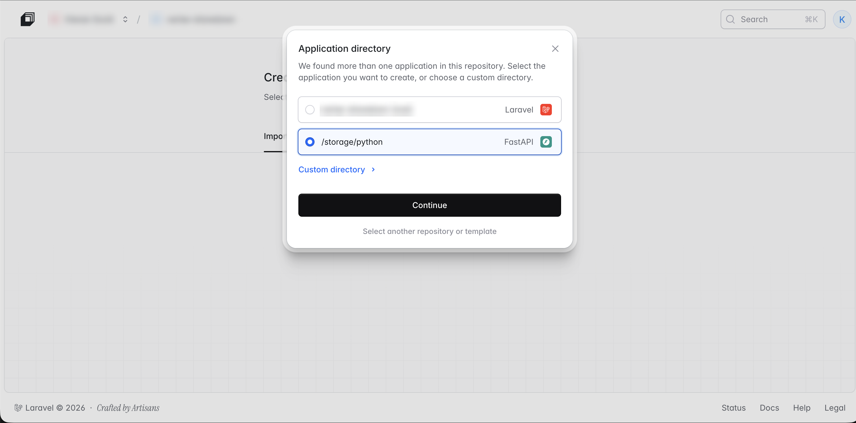 Laravel Cloud detecting a Laravel app at the repository root and a FastAPI app in a subdirectory