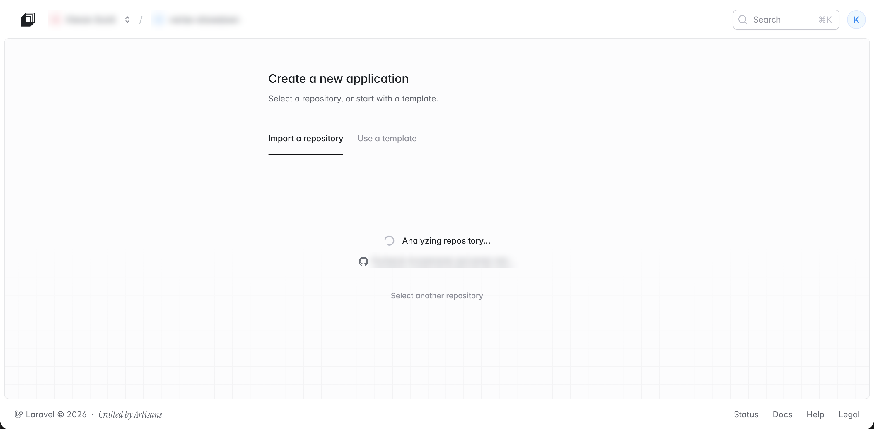 Laravel Cloud analysing a connected repository on the Create application screen