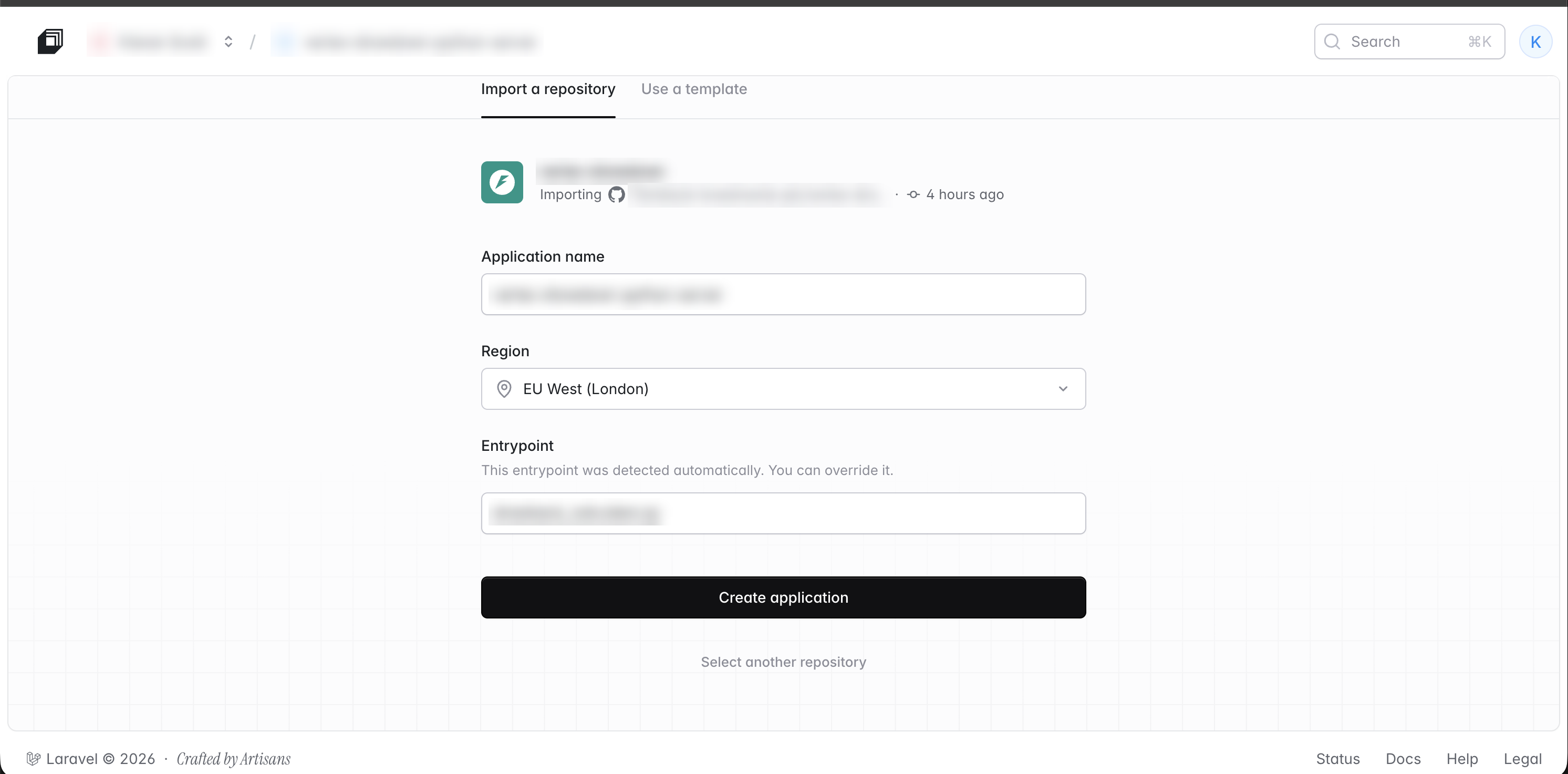 Laravel Cloud application settings for the FastAPI service: name, region and entrypoint