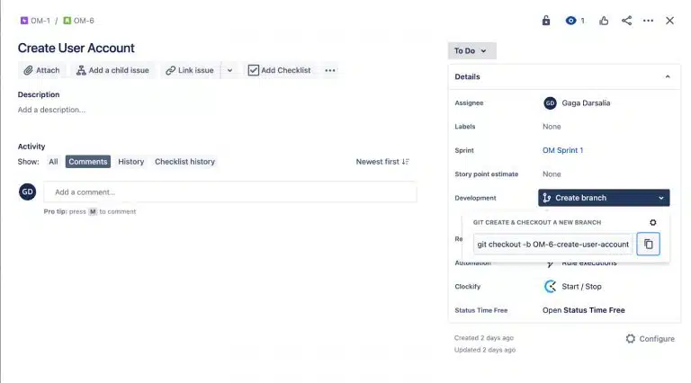jira create branch